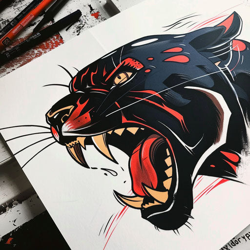 Dynamic bright retro comic style panther tattoo on white paper