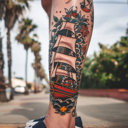 Nautical theme leg tattoo in the style of Sailor Jerry