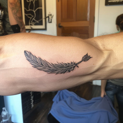 Bicep tattoo of a feather and arrow, Steve McNiven style