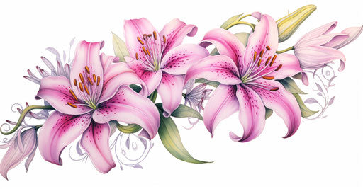Drawing of lilies, light magenta and green style