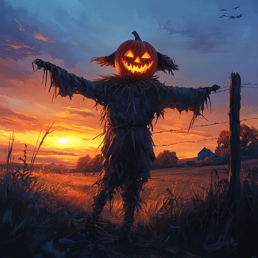Scarecrow with a carved pumpkin head, softly glowing at dusk over the quiet autumn farm