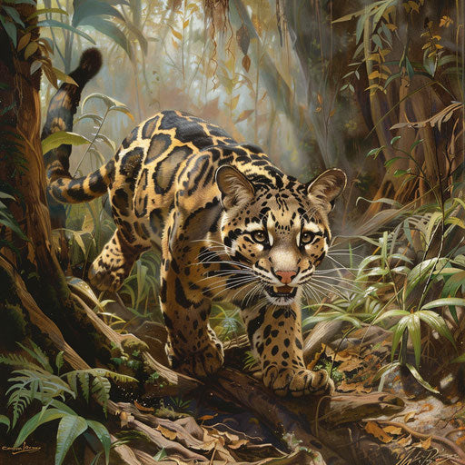 Bornean clouded leopard in a playful chase