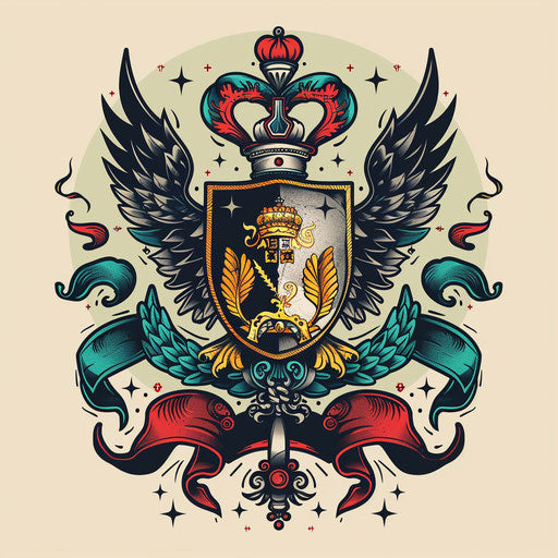 Bold and vibrant clipart style flat tattoo sketch of a family crest