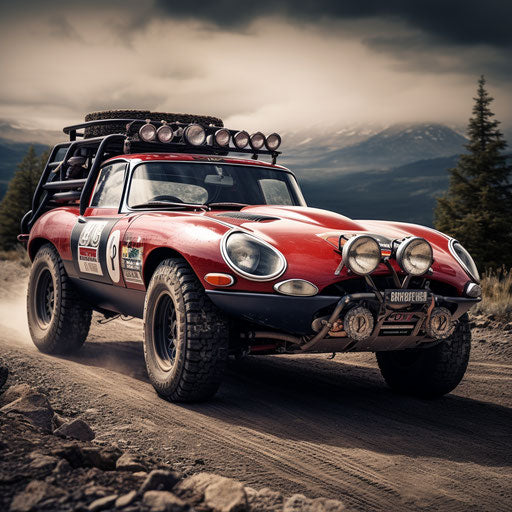 Jaguar E-Type rally car with off-road alterations