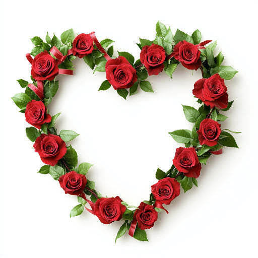 Heart-shaped wreath of red roses on white background