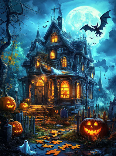 Haunted house with ghostly figures and pumpkins