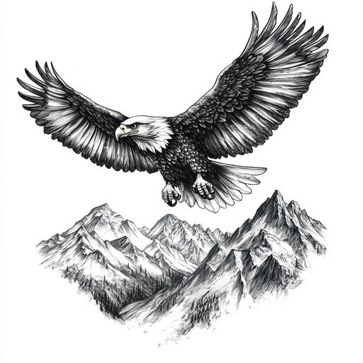 Majestic eagle flying over mountains in black and white tattoo