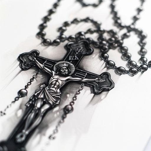 Detailed black and grey ink rosary tattoo design