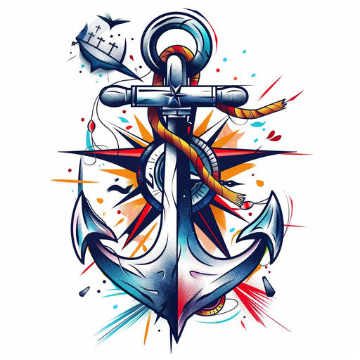 Vibrant traditional sailor tattoo with anchor and compass