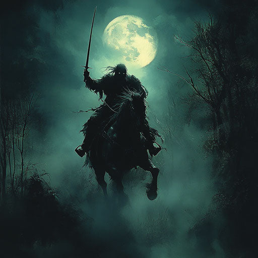 Headless horseman in a dark, foggy forest, illuminated by full moon