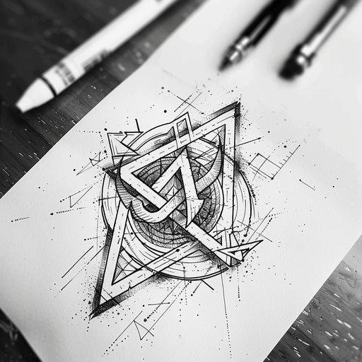 Artistic linework tattoo sketch of a Valknut with a geometric background