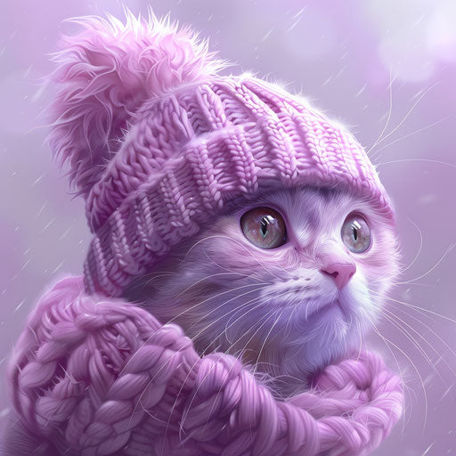 Pink cat in a white knitted hat 4k wallpaper