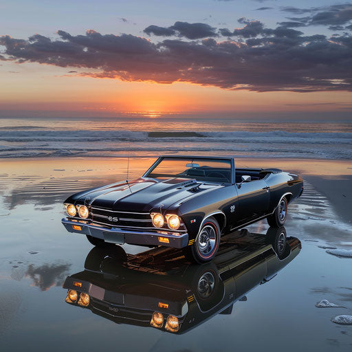 Chevrolet Chevelle SS 1969 convertible on a beach at sunset