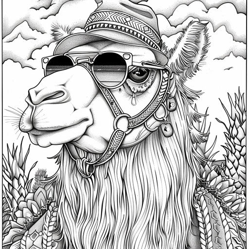 Playful camel with sunglasses and hat