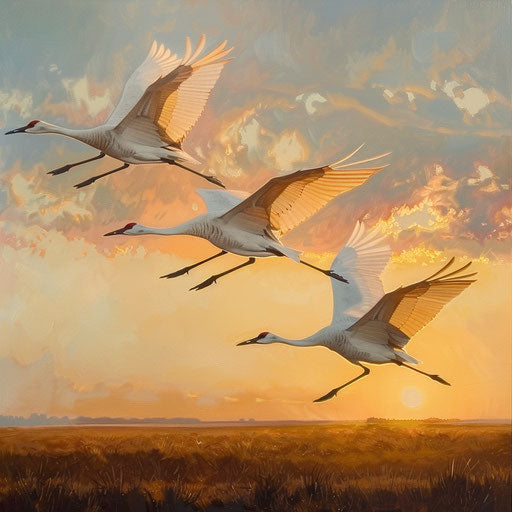 White cranes flying at dusk with warm sky colors