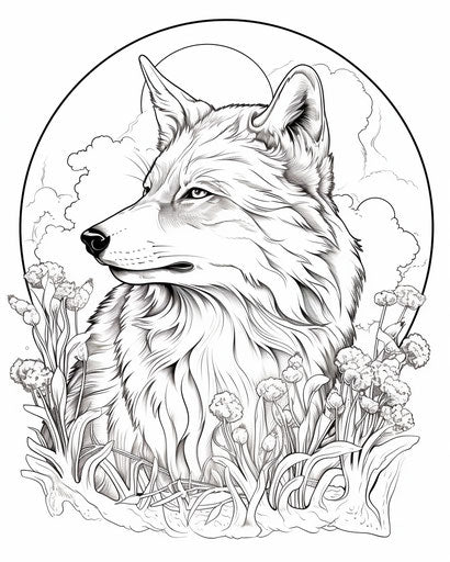 Printable wolf coloring page with an elegant moon