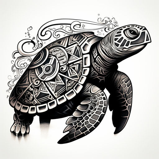 Polynesian turtle tattoo with afrofuturism and art deco flair