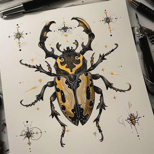 Bold flat style sketch of a venomous beetle with gold and black details