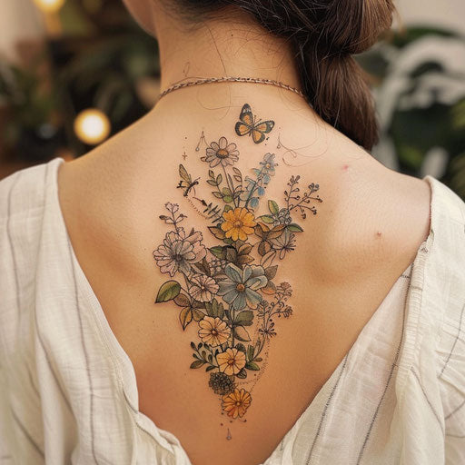 Botanical-themed back tattoos with delicate flowers and butterflies for women