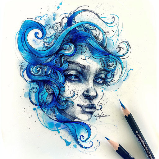 Ocean-inspired flat tattoo sketch with deep blue and turquoise watercolor effects