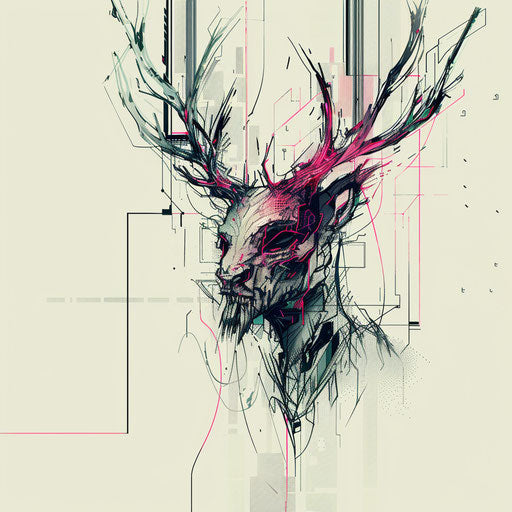 Modern flat tattoo sketch of a Wendigo with digital glitch effects