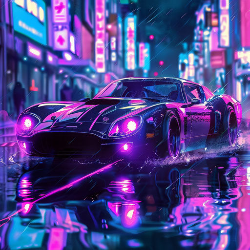 Futuristic Shelby Daytona with neon underglow and cyberpunk enhancements, speeding through a neon-lit city