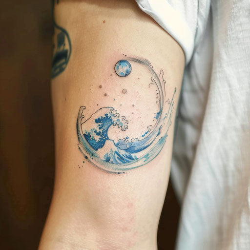 Water-themed curse mark tattoo with waves and sea creatures