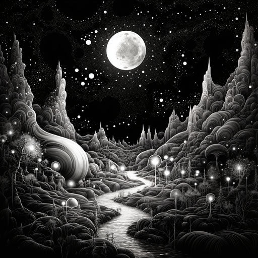 Fantasy landscape at night, intricate dotwork style with cosmic themes