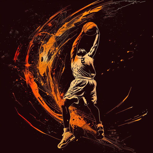 Dramatic tattoo sketch of a game-winning basketball shot, flat style