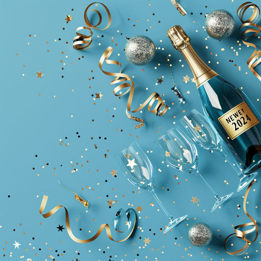 Realistic New Year clipart 2024 on flat serene aqua background