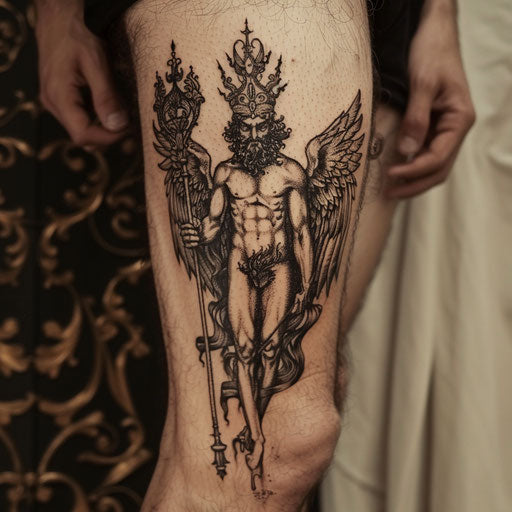 Elegant flat tattoo sketch of Lucifer with ornate crown and scepter