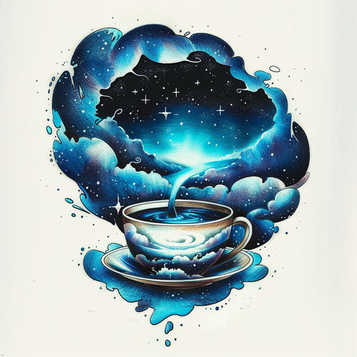 Creative tattoo sketch of a coffee cup transforming into a night sky, flat style with dark blues