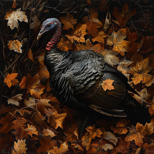 Wild turkey foraging among autumn leaves