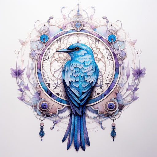 Blue bird with dream catcher on ivory background