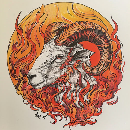 Fiery flat tattoo sketch for Aries, with flames and a ram, in a striking red and orange palette