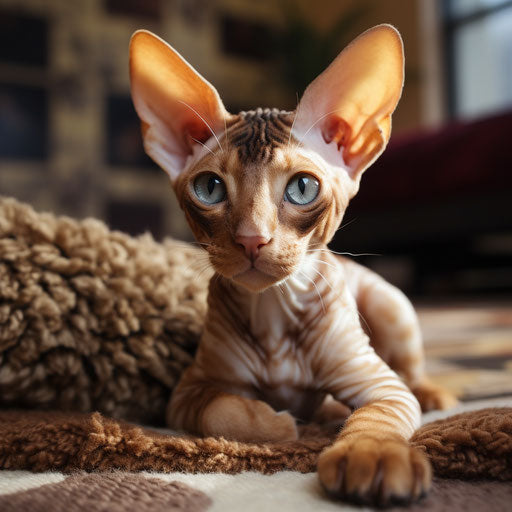 Cornish Rex cat lying on a carpet