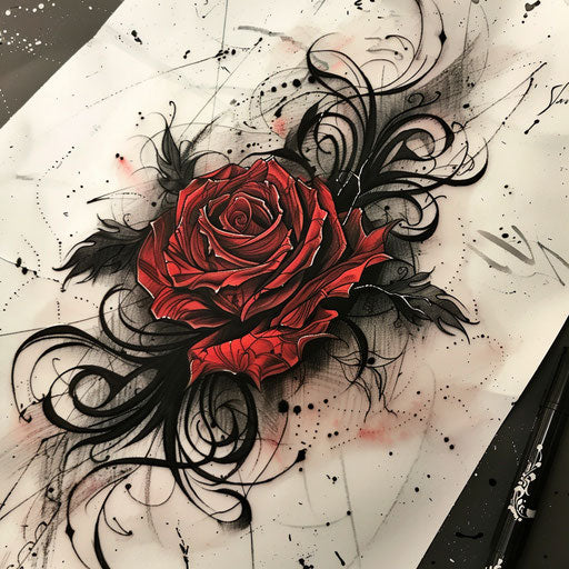 Gothic tattoo sketch of a red rose with dark shadows and intricate blackwork