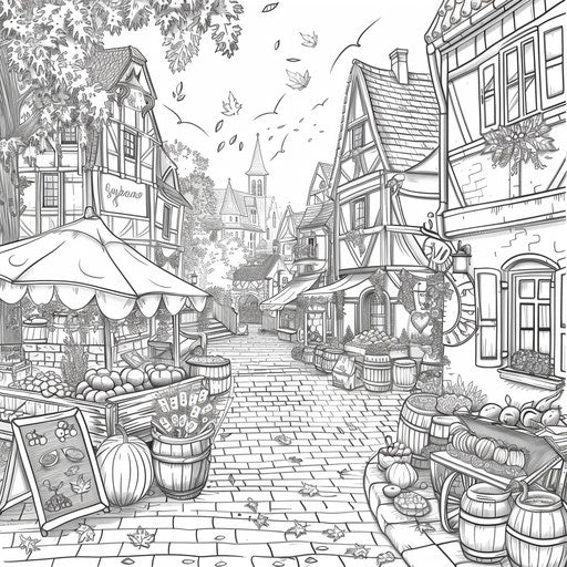 Quaint village street with autumn decorations