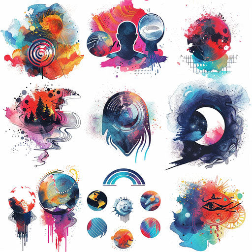 Hand-drawn logos with colorful palette on watercolor background