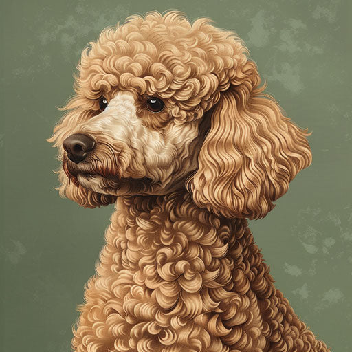 Poodle illustration with flat random background, vintage filter and delicate lines