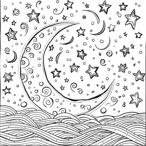 Starry night with crescent moon and twinkling stars