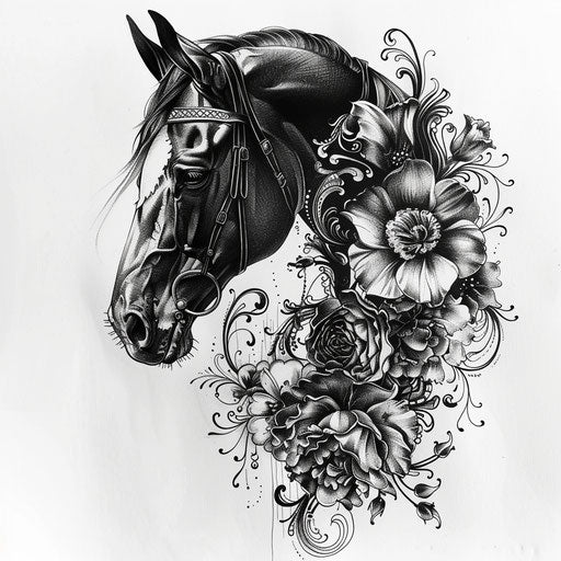 Elegant flat tattoo sketch of a dark horse with ornate Victorian floral patterns