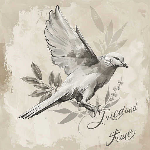 Dove with olive branch tattoo in soft grays, elegant script