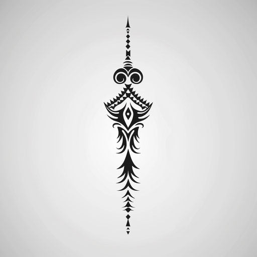 Unalome tattoo with tribal influences, detailed in black ink on white