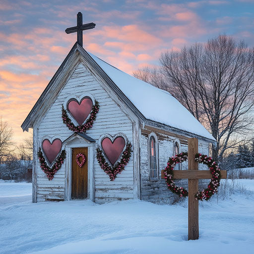 Country church with heart-shaped wreaths and wooden cross on snowy ground