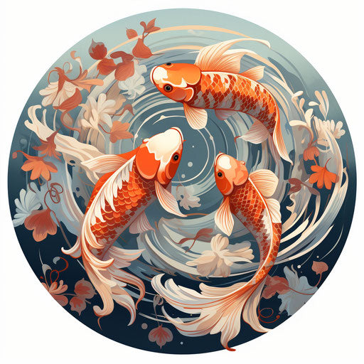 Koi fish in a circle, organic forms blending with geometric shapes