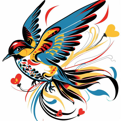 Stylized swallow tattoo in pop art, bold colors and outlines