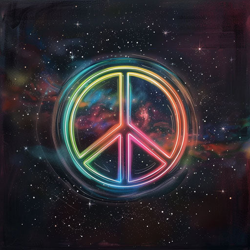 Futuristic peace tattoo sketch with a neon peace sign on a dark starry background