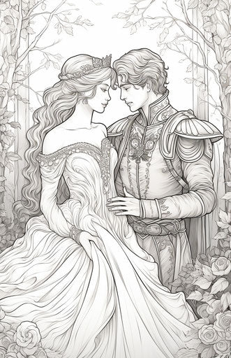 Fairytale king and queen, vintage coloring book pages