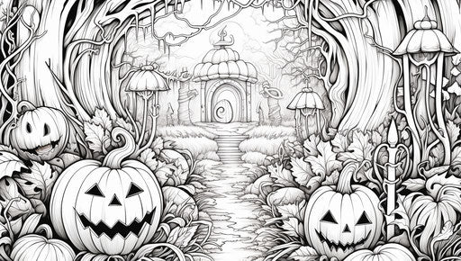 Halloween coloring with pumpkins and Jack o'lanterns, lush landscape style